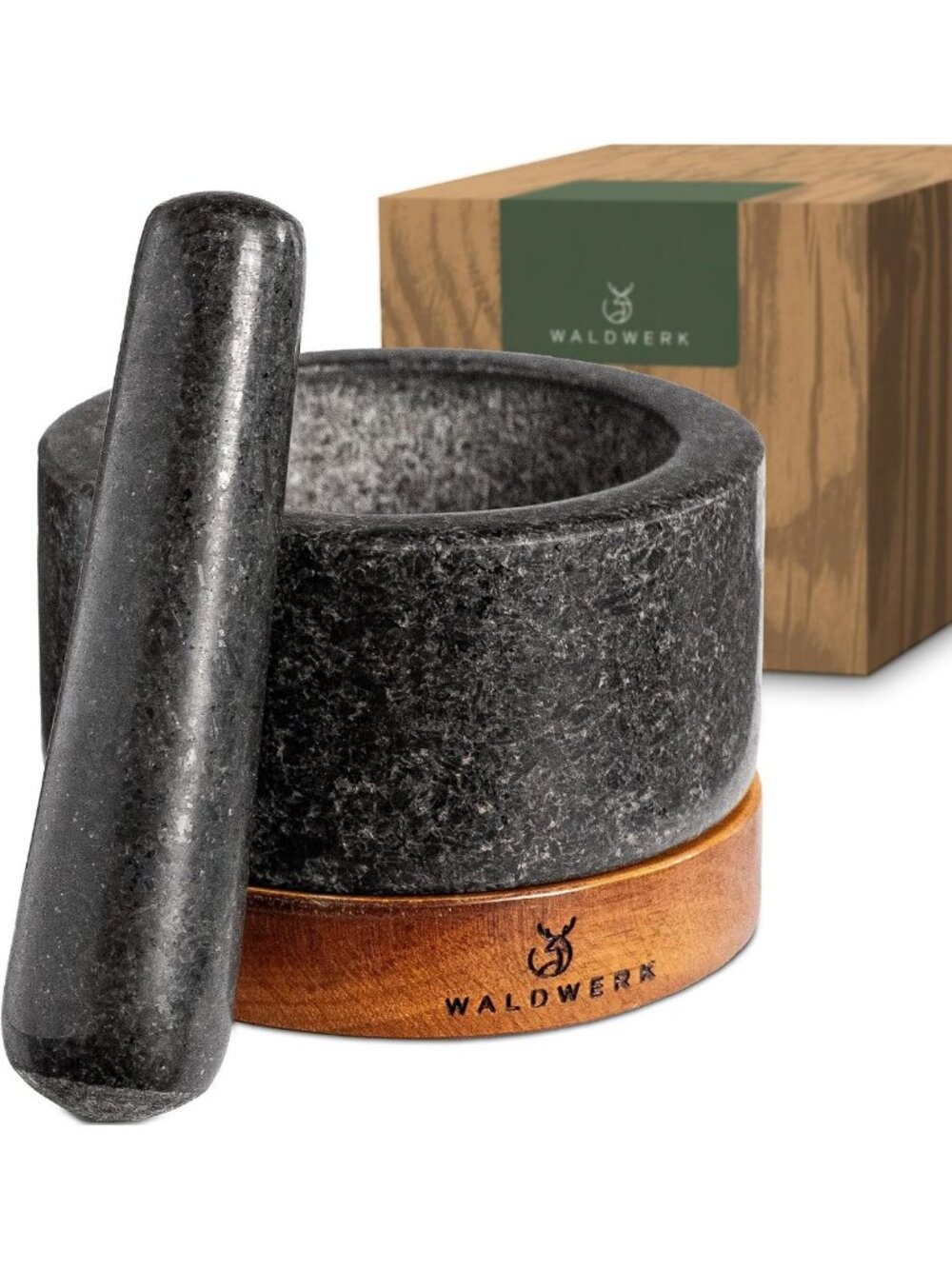Extra Large Granite Mortar and Pestle Set with Acacia Wood Base - Ideal for